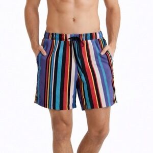 Surf Society Swimwear Men's Medium Striped Elastic‎ Waist Drawstring Swim Trunks